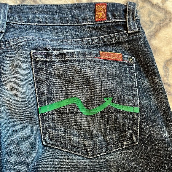 7 for All Mankind Flare Medium Blue Denim Jeans Green Signature Pocket 26 - Picture 4 of 14